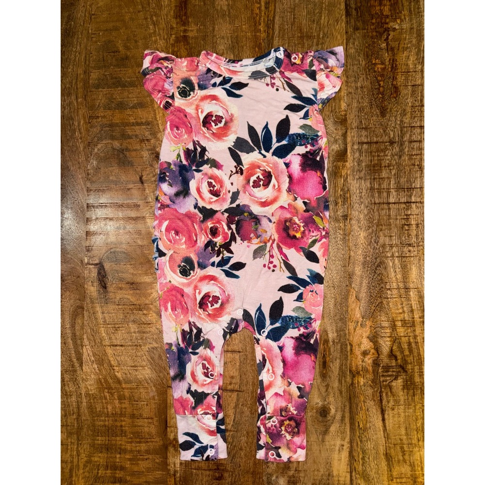 Posh Peanut Pink Floral Bamboo Ruffle Romper 12-18 Months